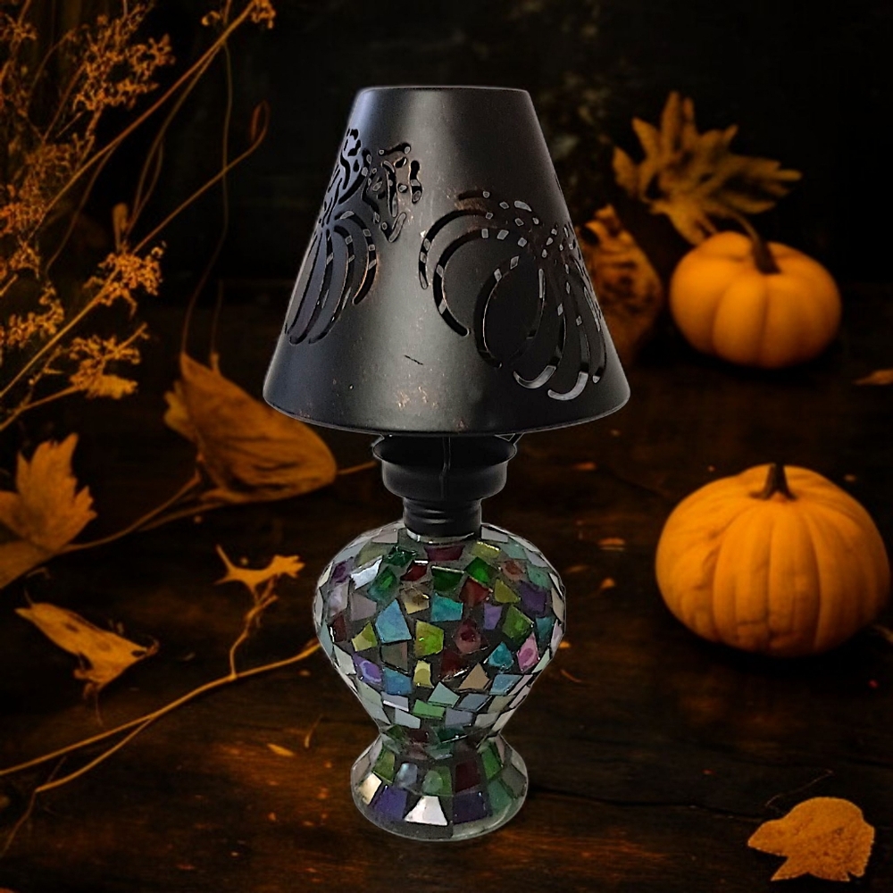 Vtg Mosaic Glass Tea Light Lamp Votive Candle Holder Witchy Whimsigoth Colorful